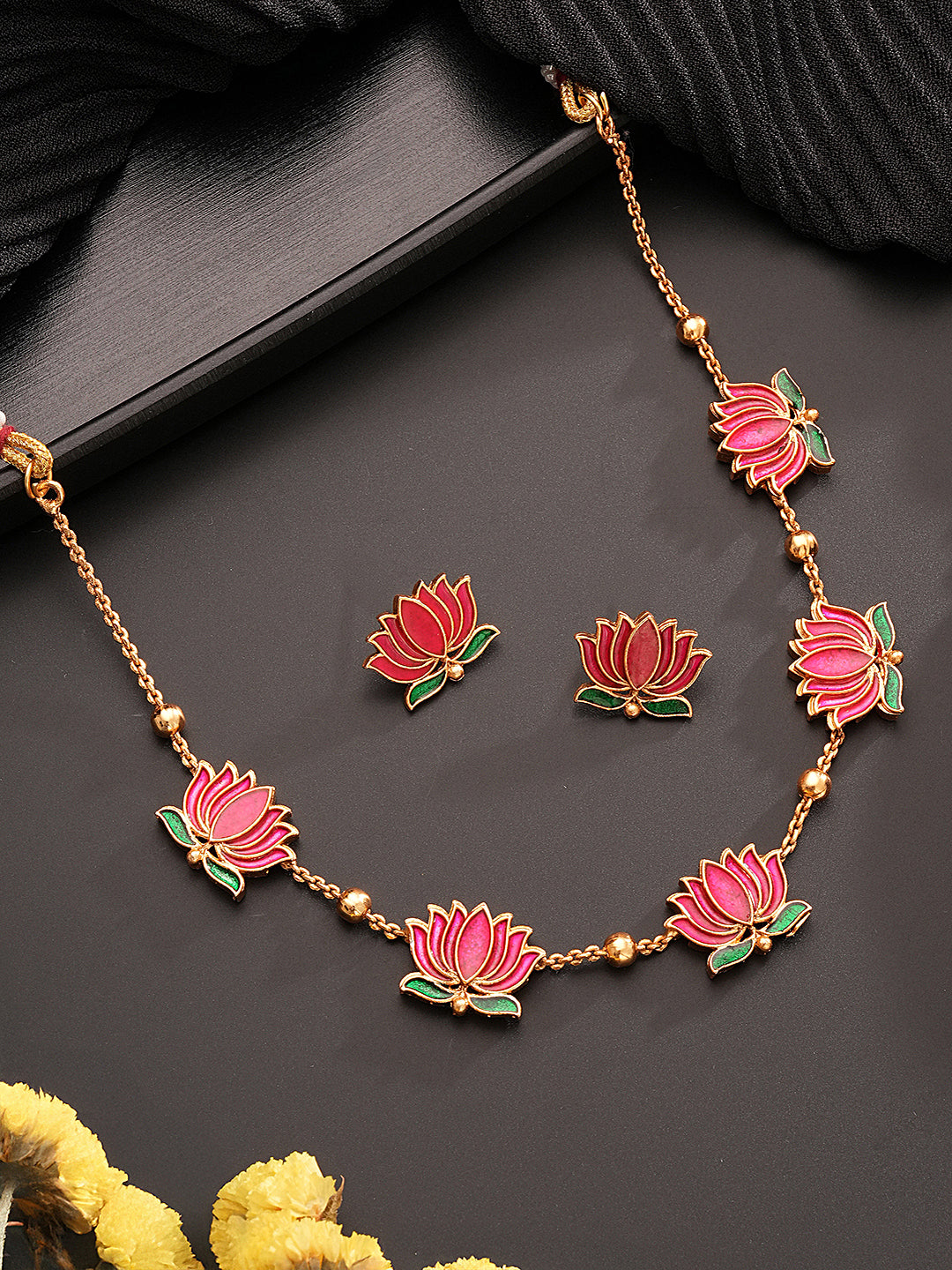 Elegant Lotus Motif Gold-Plated Necklace & Earrings Set